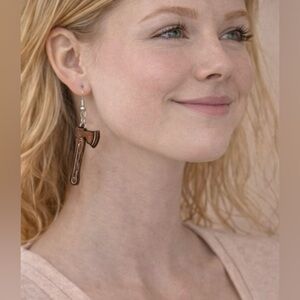 Handmade Engraved Wooden Axe Dangle Earrings Artisan Statement Jewelry NEW